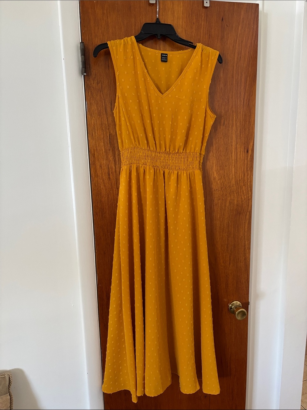 SHEIN Mustard Sleeveless V-Neck Midi Dress with Smocked Waist
